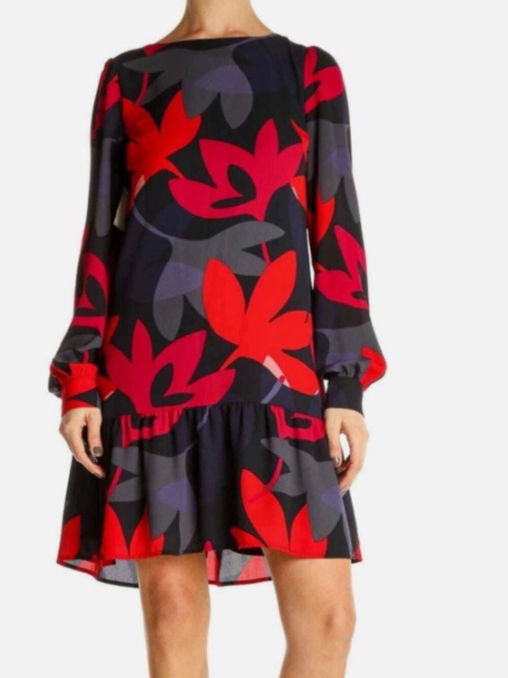 Ann Taylor LOFT Floral Tiered Hem Shift Dress Long Sleeves Lined Petite Size SP